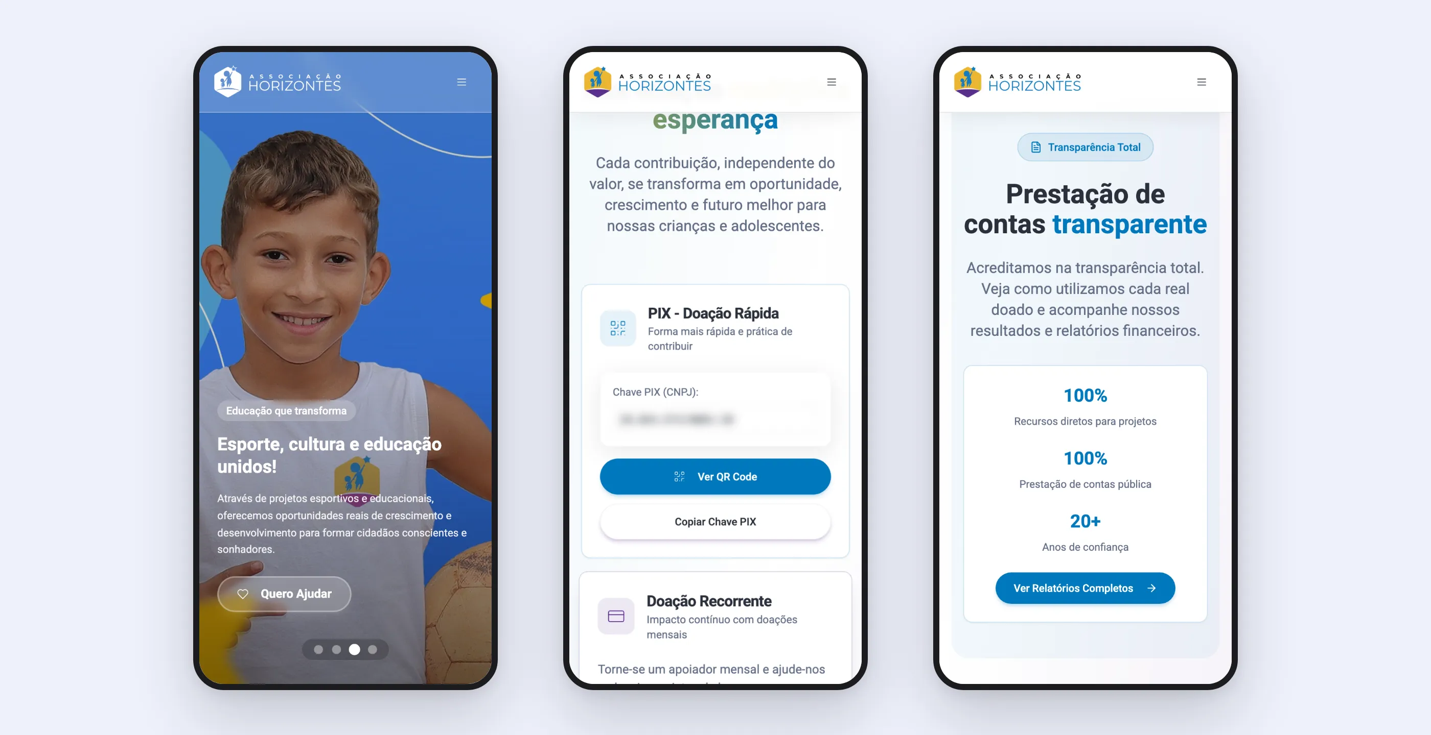 Três telas do site no celular: banner, doação por Pix e prestação de contas