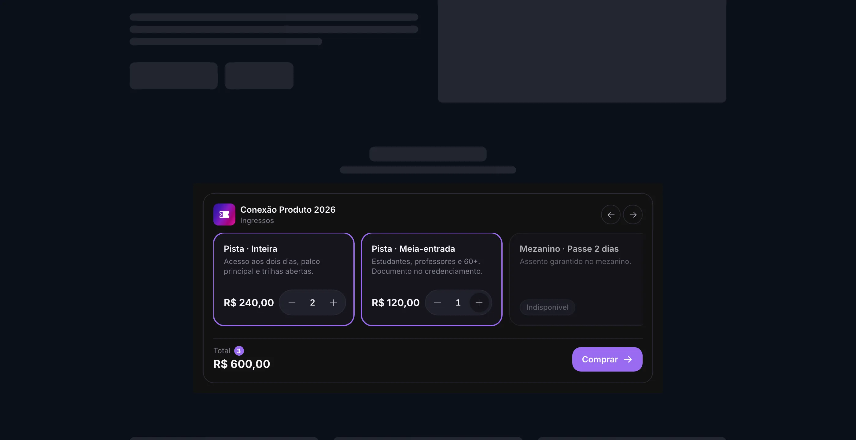 Preview of the ticket widget embedded in a generic page, with ticket cards and a total