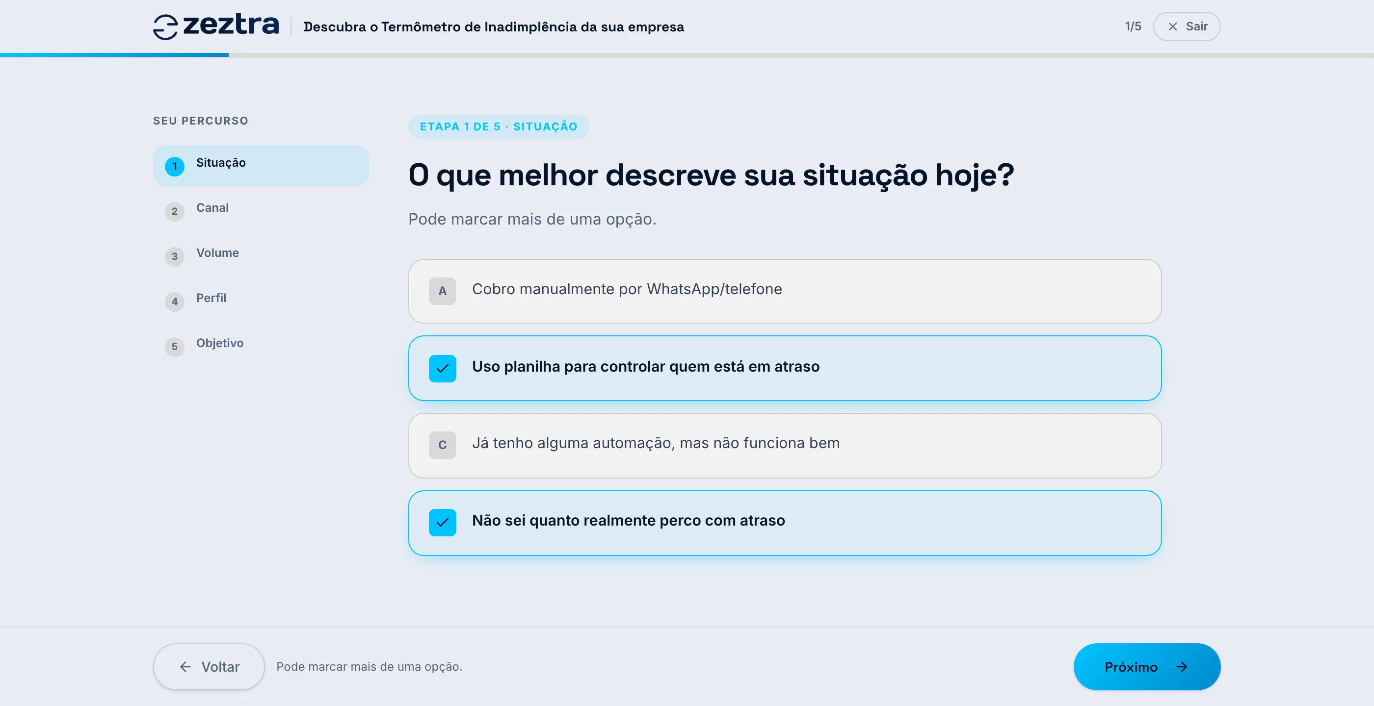 Etapa da pesquisa com duas alternativas marcadas e percurso de cinco passos ao lado