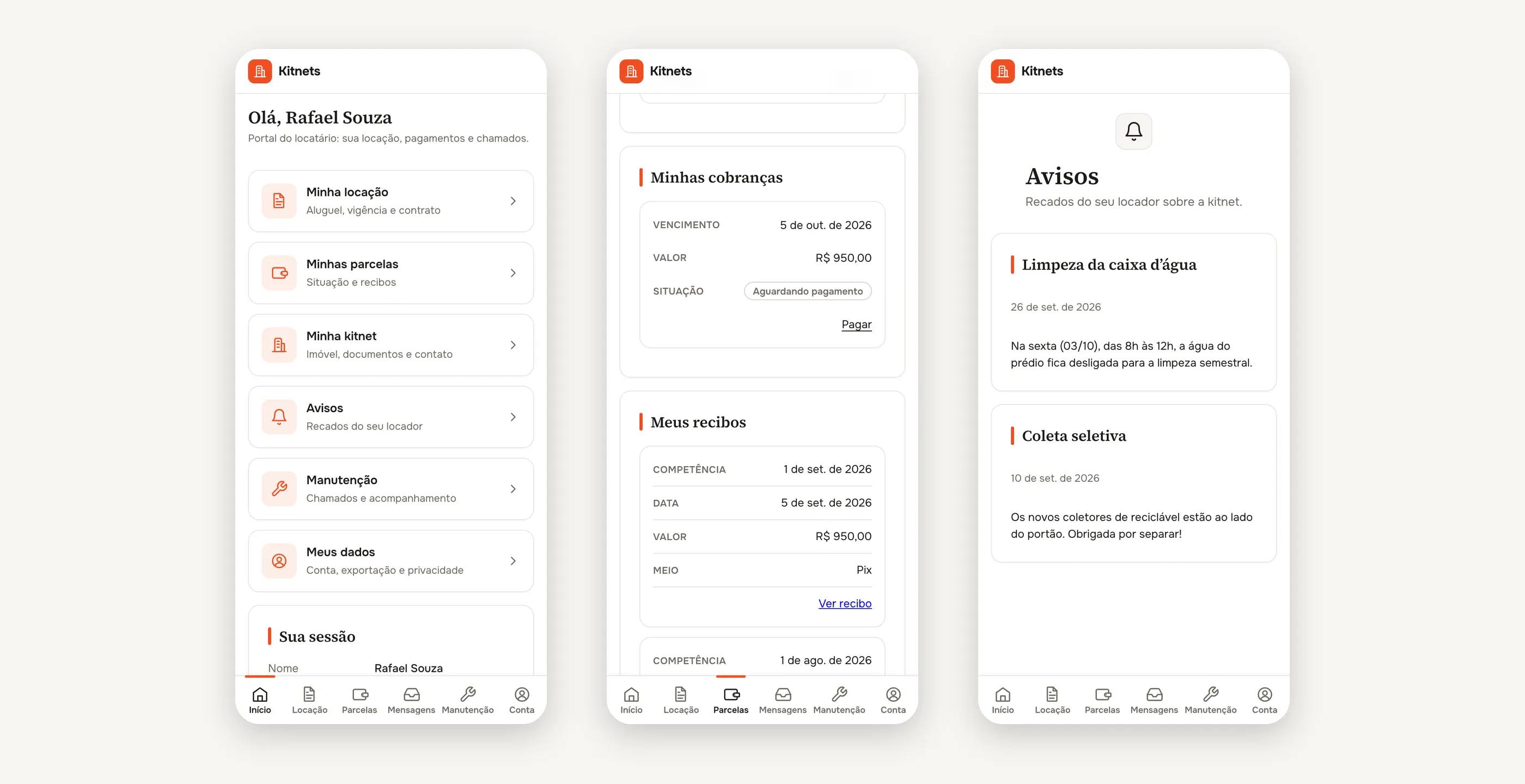 Três telas de celular do portal do inquilino: início com atalhos, cobranças com botão de pagar e recibos, e mural de avisos