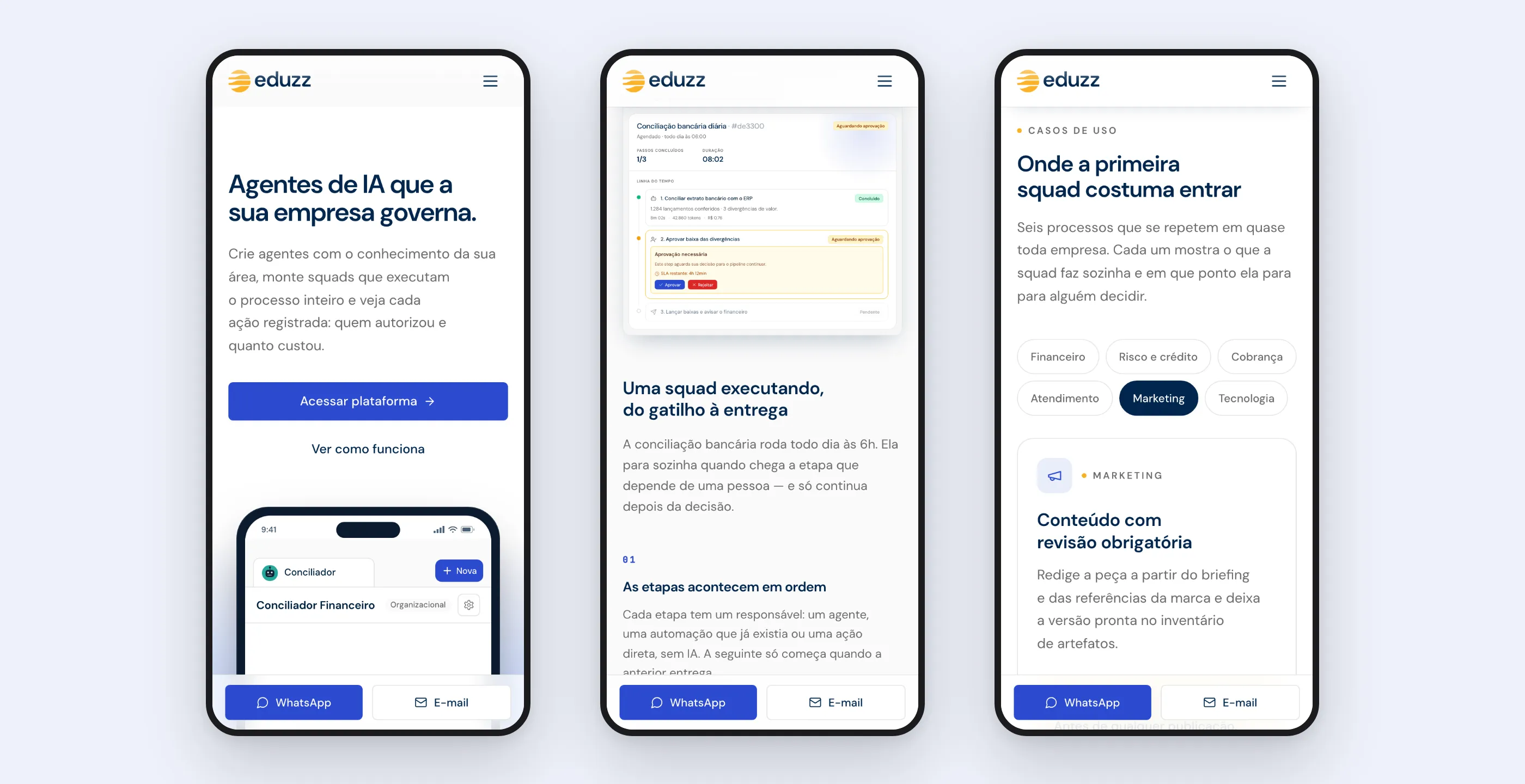 Três telas do site no celular: topo, execução de squad e casos de uso