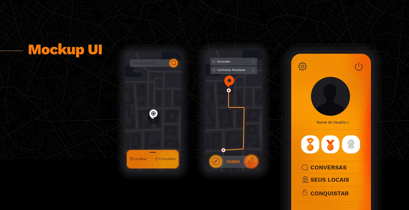 App mockups with the map, route to the destination, and a profile with achievements
